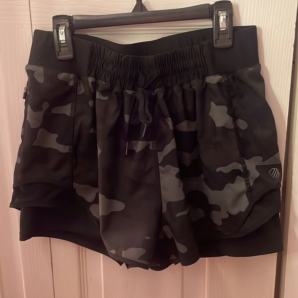 Black and dark gray camo athletic shorts